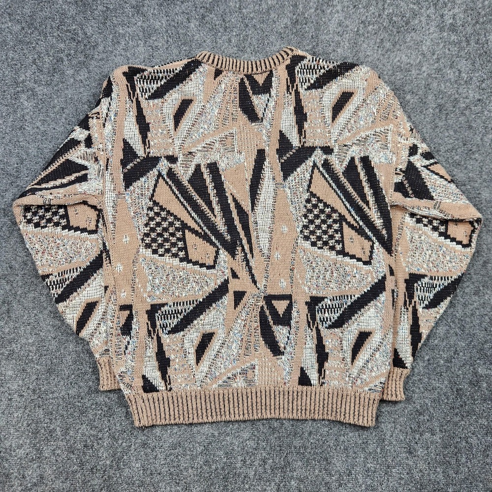 Vintage Ellis Island Sweater Mens XL Tan Black Abstract 3D Knit Coogi Style 90s - Picture 3 of 7